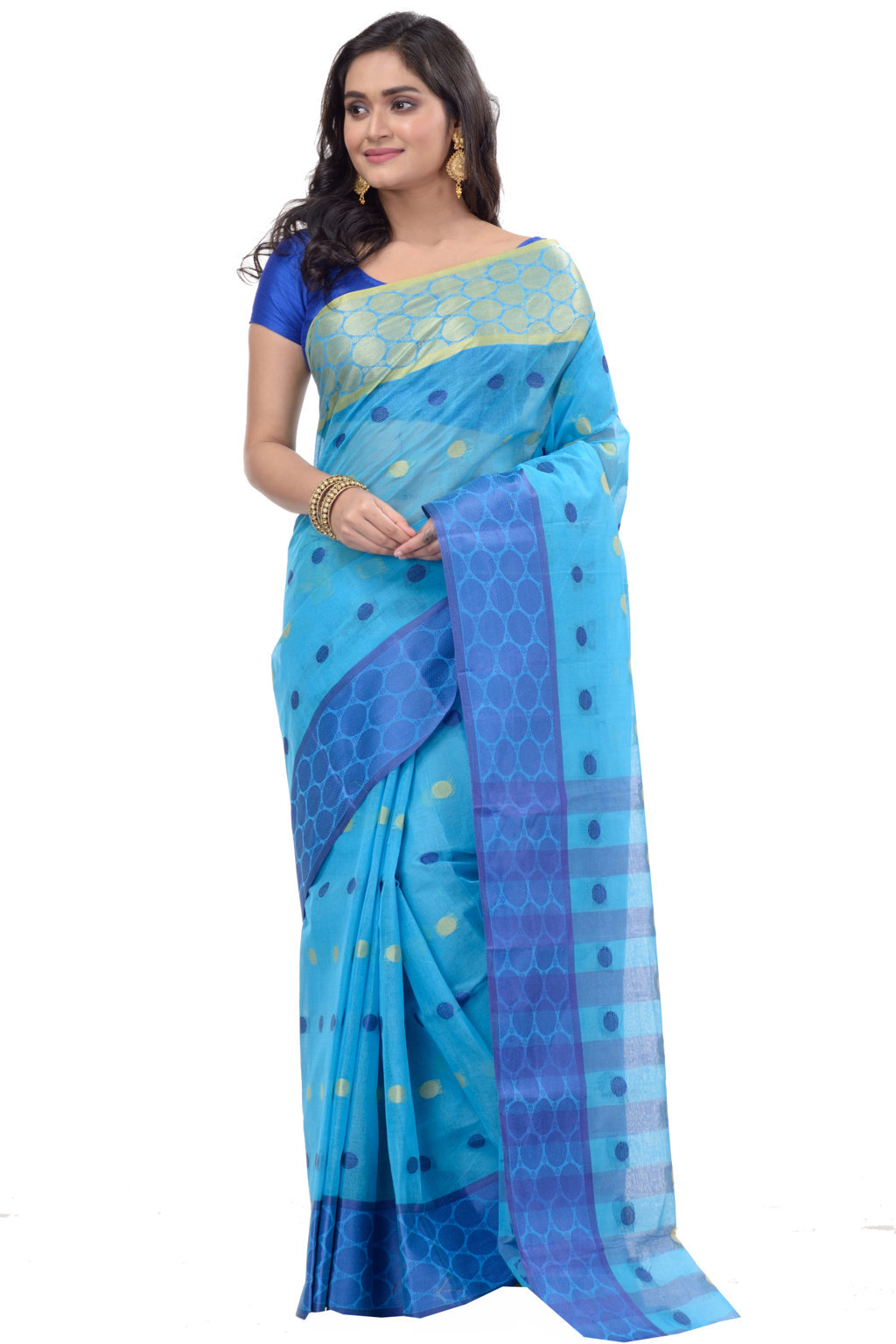 Blue Pure Cotton Ganga Jamuna Tant Saree (1861)